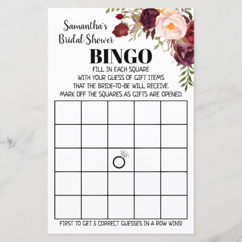 Marsala Flowers Bridal Bingo Wedding Shower Game