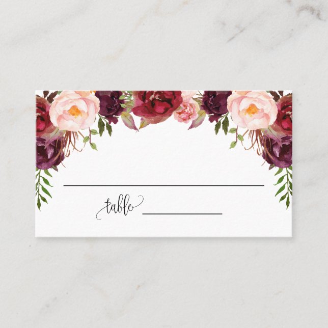 Marsala Flowers Bridal Shower Wedding Flat Place Card (Front)