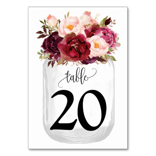 Marsala Flowers Mason Jar Country Wedding Table Number