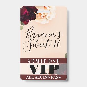 Marsala Flowers & String Lights Sweet 16 VIP Pass Badge