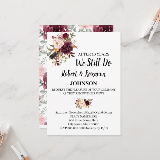 Marsala Flowers Wedding Anniversary Renewal Vows   Invitation (Front/Back In Situ)