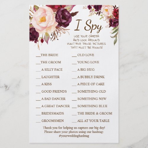 Marsala Flowers Wedding Reception I Spy Game Card Flyer