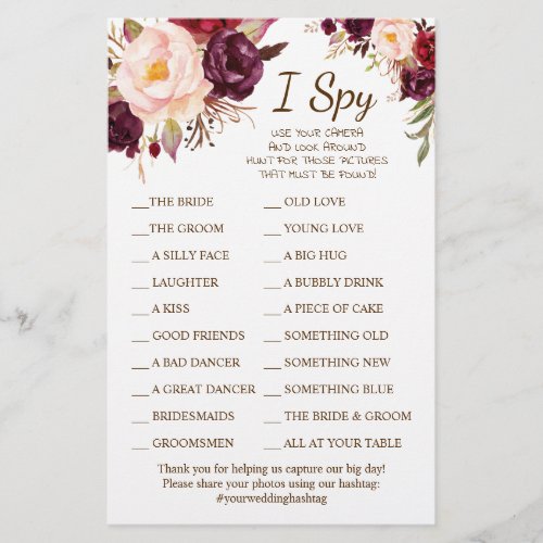 Marsala Flowers Wedding Reception I Spy Game Card Flyer