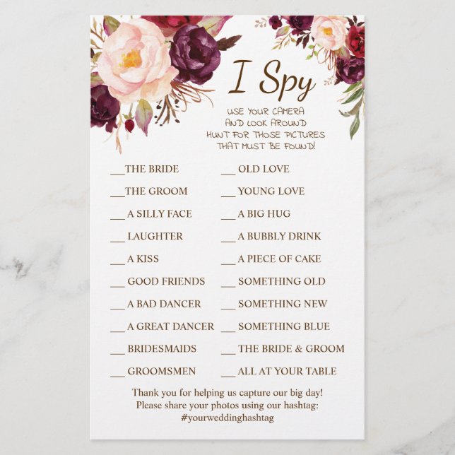 Marsala Flowers Wedding Reception I Spy Game Card Flyer (Front)