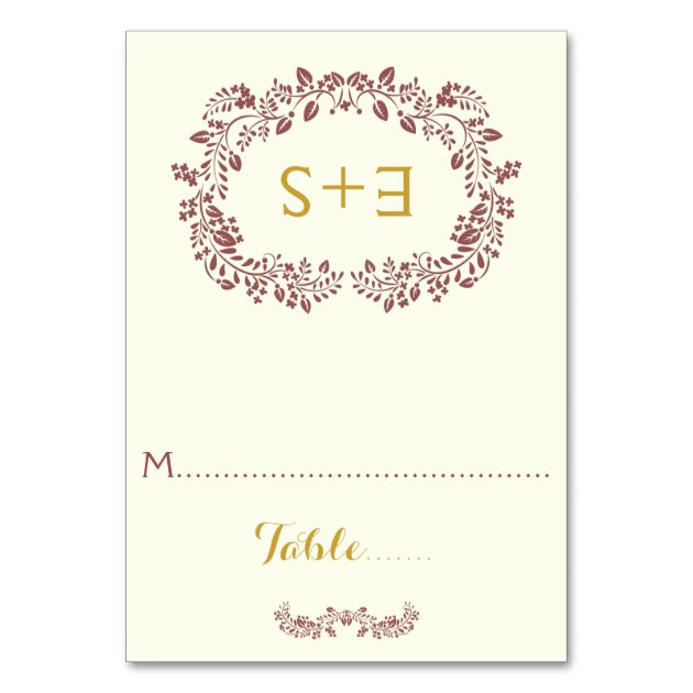 Marsala Foliage And Initials Wedding Place Card