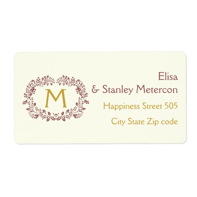 Marsala foliage wreath frame & monogram wedding label (Front)
