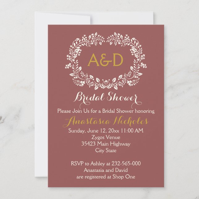 Marsala foliage wreath wedding bridal shower invitation (Front)