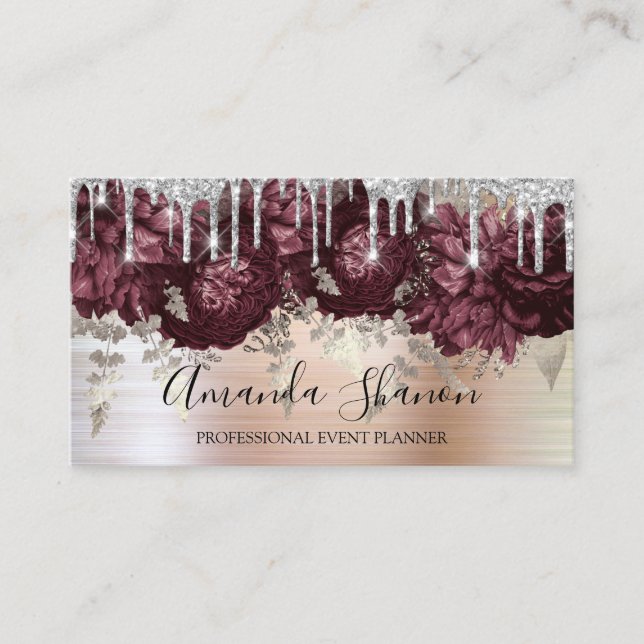  Marsala Glitter Drips Logo Event Planner Brushed Business Card (Front)