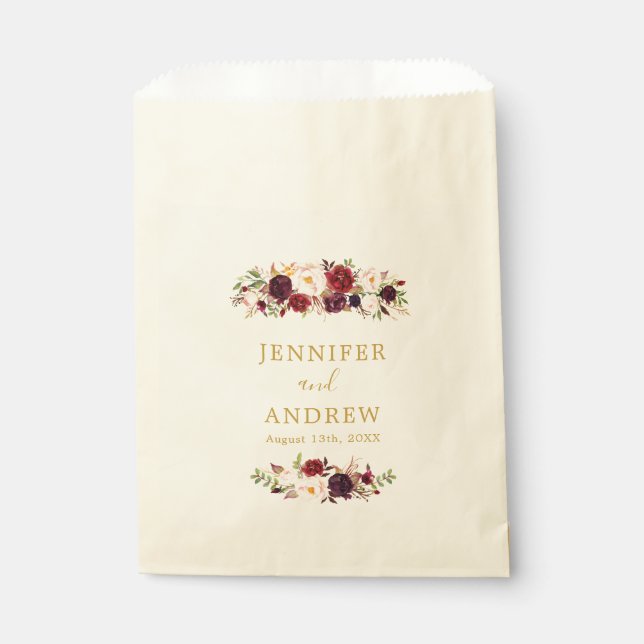 Marsala Gold Burgundy Floral Elegant Wedding Favor Bag (Front)