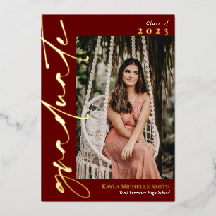 Marsala Gold Calligraphy Photo Graduation Foil Invitation