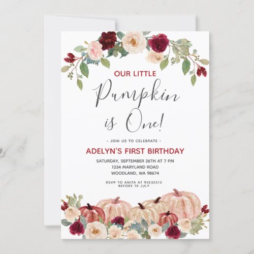 Marsala Gold Glitter Fall 1st Birthday Invitation