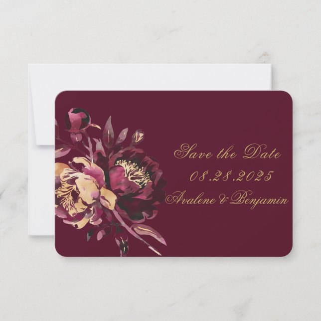 Marsala Gold Painted Peony Save the Date Cards (Front)