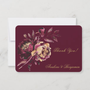 Marsala Gold Painted Peony Wedding Thank you Card