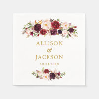 Marsala Gold Red Flowers Monogram Wedding Napkin