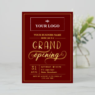 Marsala & Gold Wide Logo Grand Opening Foil Invitation