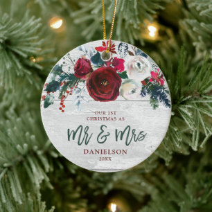 Marsala Greenery Personalized First Mr & Mrs Ceramic Ornament