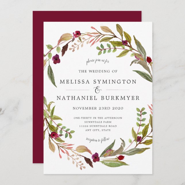 Marsala Greenery Wreath Wedding invitation (Front/Back)