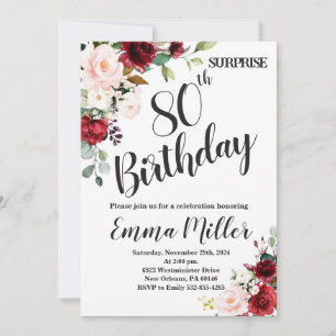 Marsala invite, Floral Surprise 80th Birthday Invitation