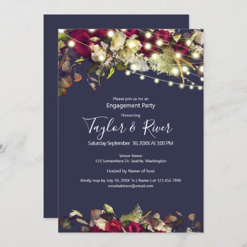 Marsala  Ivory Watercolor Roses Navy  Engagement Invitation