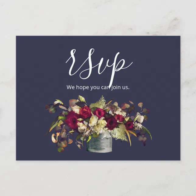 Marsala &amp; Ivory Watercolor Roses | Navy RSVP Postcard | Zazzle