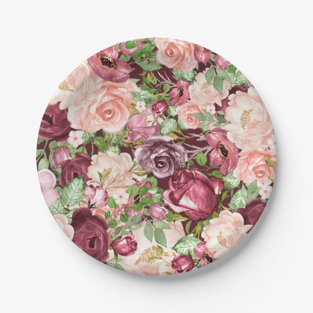 Marsala Maroon Burgundy Rustic Floral Flowers Paper Plates (Front)