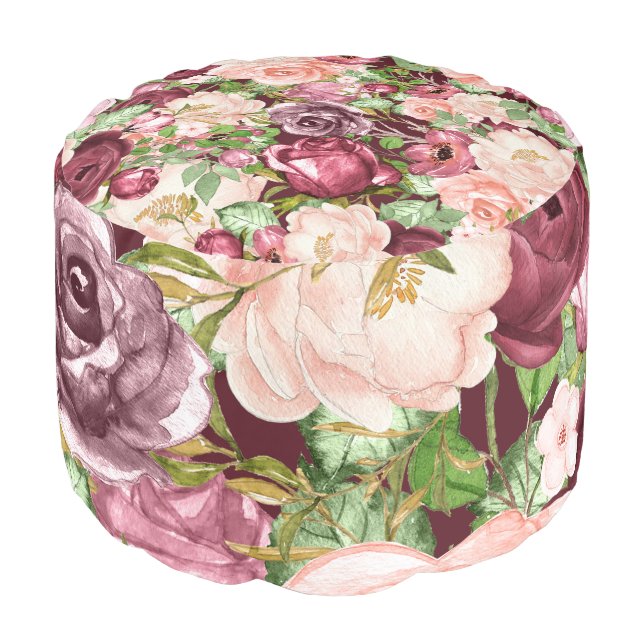 Marsala Maroon Burgundy Rustic Floral Flowers Pouf (Angled Front)