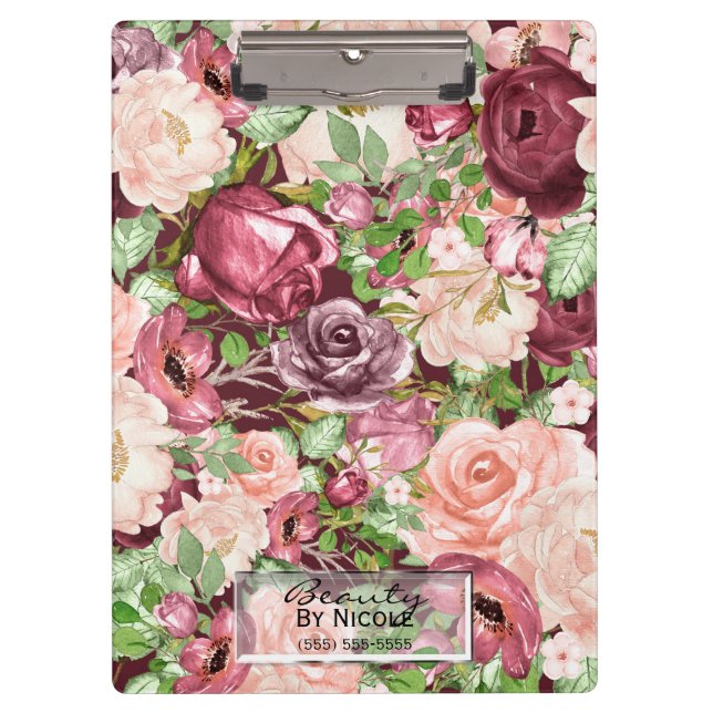 Marsala Maroon Burgundy Rustic Floral Personalized Clipboard (Front)