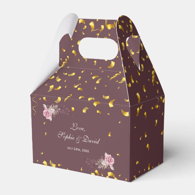Marsala Maroon Floral Gold Confetti Wedding Favor Boxes (Front Side)
