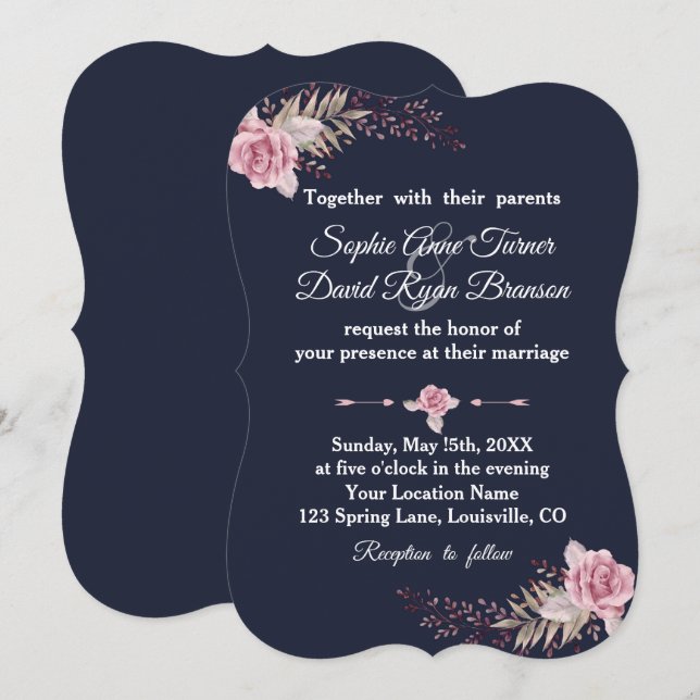 Marsala Maroon Navy Floral Watercolor Wedding Invitation (Front/Back)