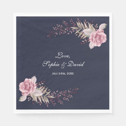 Marsala Maroon Navy Floral Watercolor Wedding Napkins