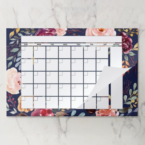 Marsala Navy Blue Floral Monthly Planner Calendar Paper Pad