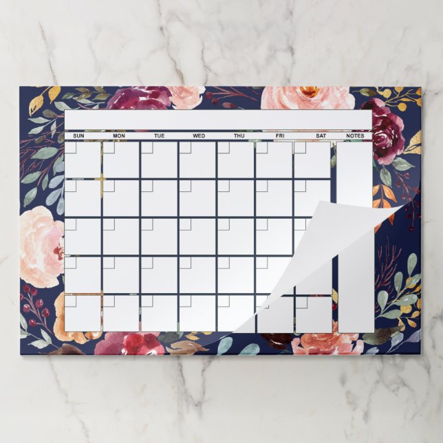 Marsala Navy Blue Floral Monthly Planner Calendar Paper Pad (Folded)