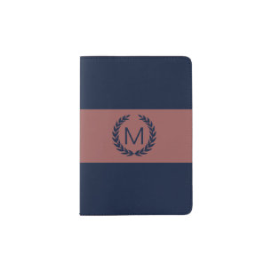 Marsala & Navy Blue with Laurel Wreath Monogram Passport Holder