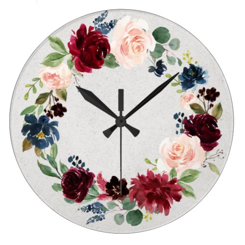 Marsala &amp; Navy Blush Roses Shabby Chic Wreath Large Clock