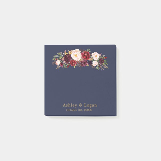 Marsala Navy Elegant Floral Wedding Notes (Front)