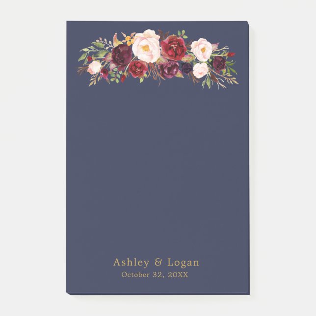 Marsala Navy Elegant Floral Wedding Notes (Front)