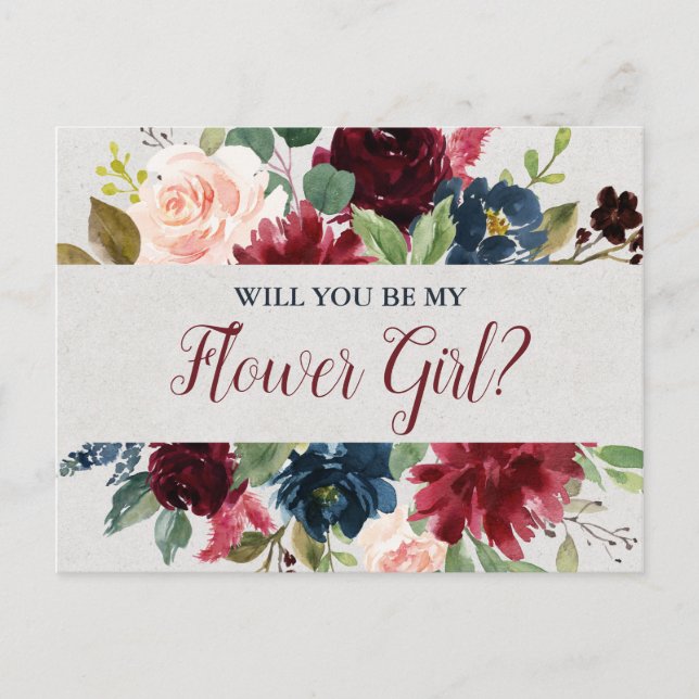 Marsala & Navy Floral Flower Girl Proposal Postcard (Front)