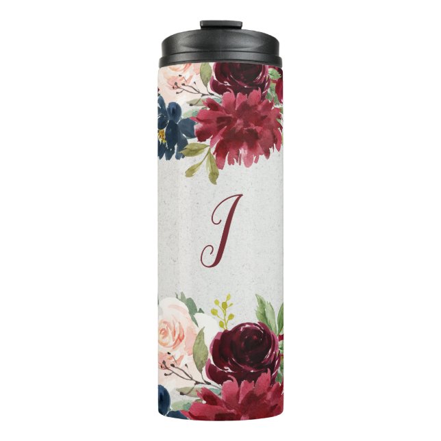 Marsala & Navy Floral Personalized Stainless Steel Thermal Tumbler (Front)