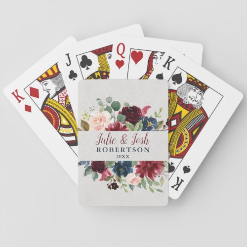 Marsala  Navy Floral Personalized Wedding Favor Poker Cards