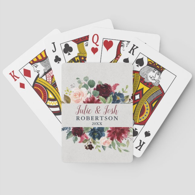 Marsala & Navy Floral Personalized Wedding Favor Poker Cards (Back)