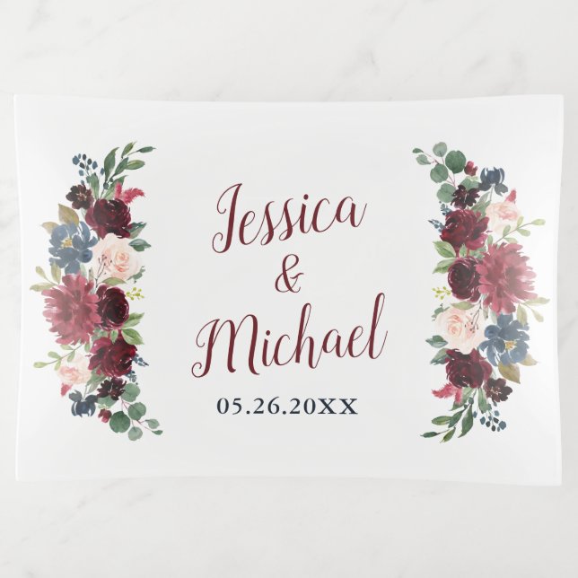 Marsala & Navy Floral Personalized Wedding Gift Trinket Tray (Front)
