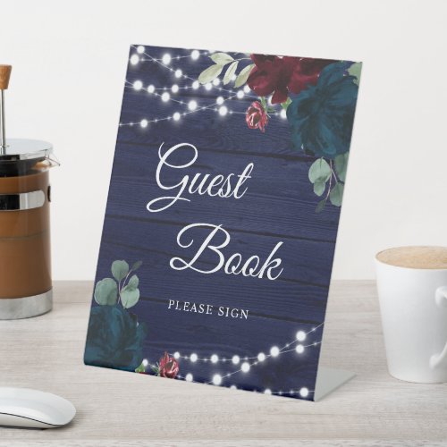 Marsala  Navy Floral Rustic Wood Guest Book Sign