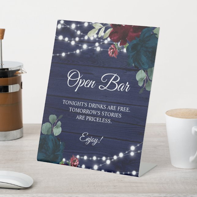 Marsala & Navy Floral Rustic Wood Open Bar Sign (In SItu)