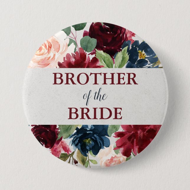 Marsala & Navy Floral Shabby Chic Brother of Bride Button (Front)