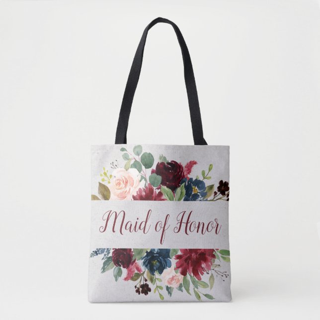 Marsala & Navy Floral Shabby Chic Maid of Honor Tote Bag (Front)