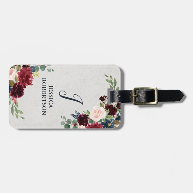Marsala & Navy Floral Shabby Chic Monogram Custom Luggage Tag