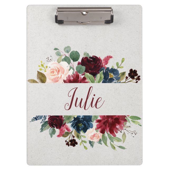 Marsala & Navy Floral Shabby Chic Personalized Clipboard (Front)