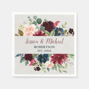 Marsala & Navy Floral Shabby Chic Wedding Cocktail Napkins