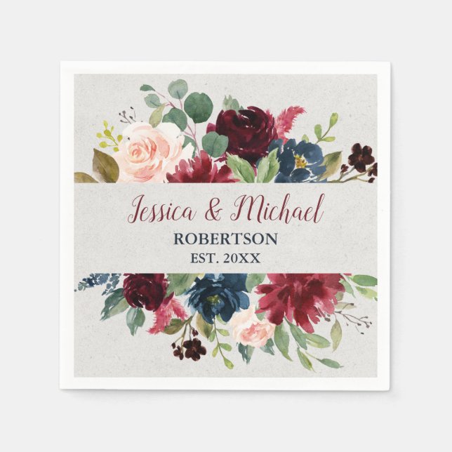 Marsala & Navy Floral Shabby Chic Wedding Cocktail Napkins (Front)