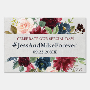 Marsala & Navy Floral Shabby Chic Wedding Hashtag Sign